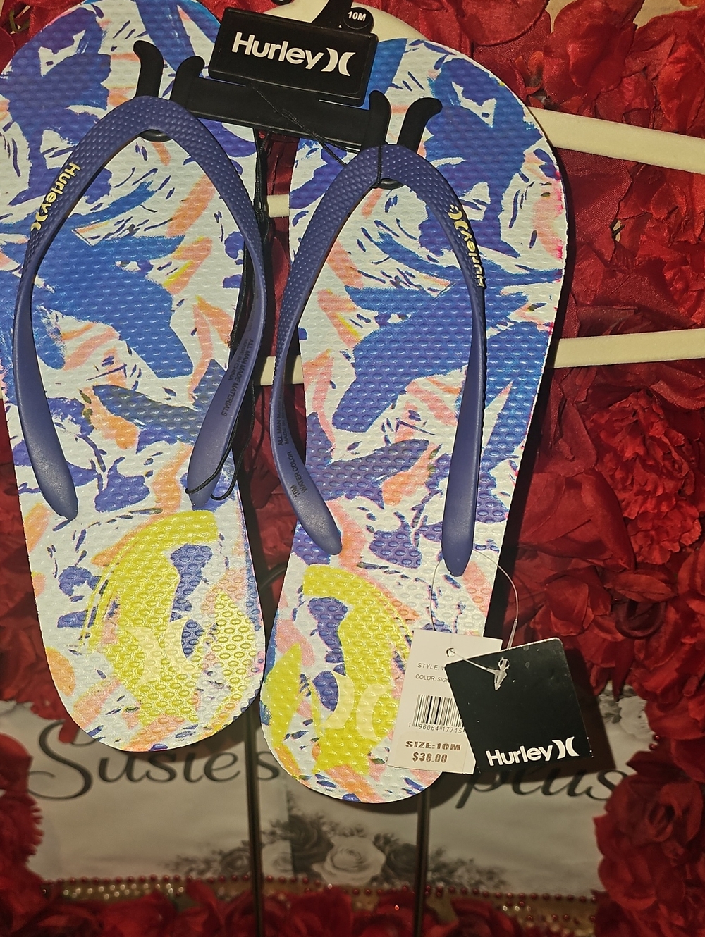 HurleyMWT Multicolor Floral Blue Strap Flip Flops Size 10M